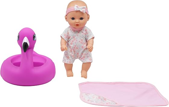 Dream Collection: 10 Bath Time Baby Doll & Flamingo Floatie Set - Onesie Outfit & Headband, Swaddle Blanket Towel, Hard Body, Water Play Toy, Kids 2+