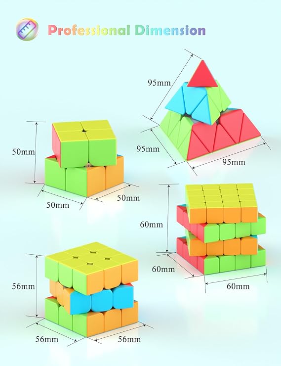 ROXENDA Magic Cube Set - 2 x 2 3 x 3 4 x 4 Pyramid Speed Cube Set with Cube Tutorial for Children and Adults [Pack of 4] (Stickerless)