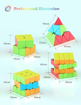 ROXENDA Magic Cube Set - 2 x 2 3 x 3 4 x 4 Pyramid Speed Cube Set with Cube Tutorial for Children and Adults [Pack of 4] (Stickerless)