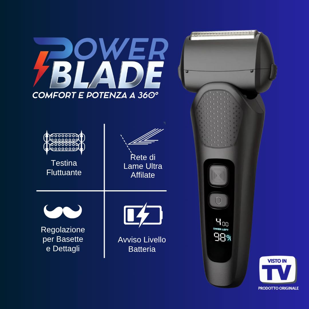 POWER BLADE | Rasoio Elettrico da Uomo Macchinetta per Barba Capelli e Corpo Rifinitore di Precisione con Testina Fluttuante Lame Affilate per Regolazione Basette e Display LED con Avviso Batteria