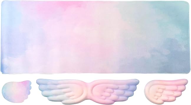 Gaming Desk Mat with Keyboard Wrist Rest Set, 4 in 1 Large Mouse Pad & Angel Wings Keyboard Wrist Rest& Mouse Wrist Rest&Coaster, Comfort and Support for Typing and Gaming