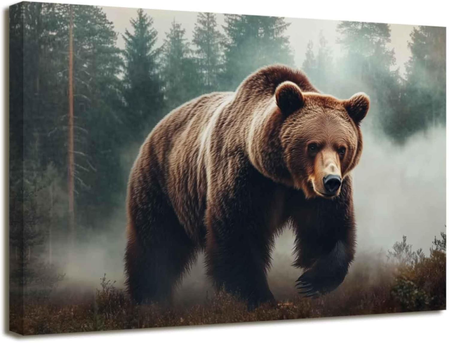 XLMDYYSW Bear Wall Art Wildlife Canvas Prints Wild Animal with Misty Forest Picture Natural Woodland Painting for Living Room Home Bedroom Decor Framed (Black, 12L x 18W)