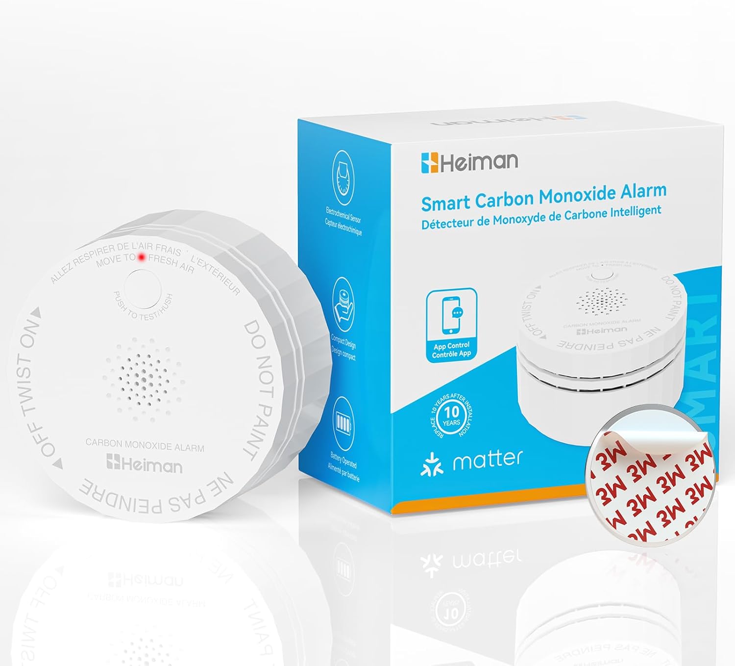 Heiman Matter Carbon Monoxide Detector, Smart Portable CO Alarm UL 2034 4th Certified, Figaro Sensor, Battery Powered Mini Fire Detectors for Travel, RV, Compatible with Smartthings, Home Assistant