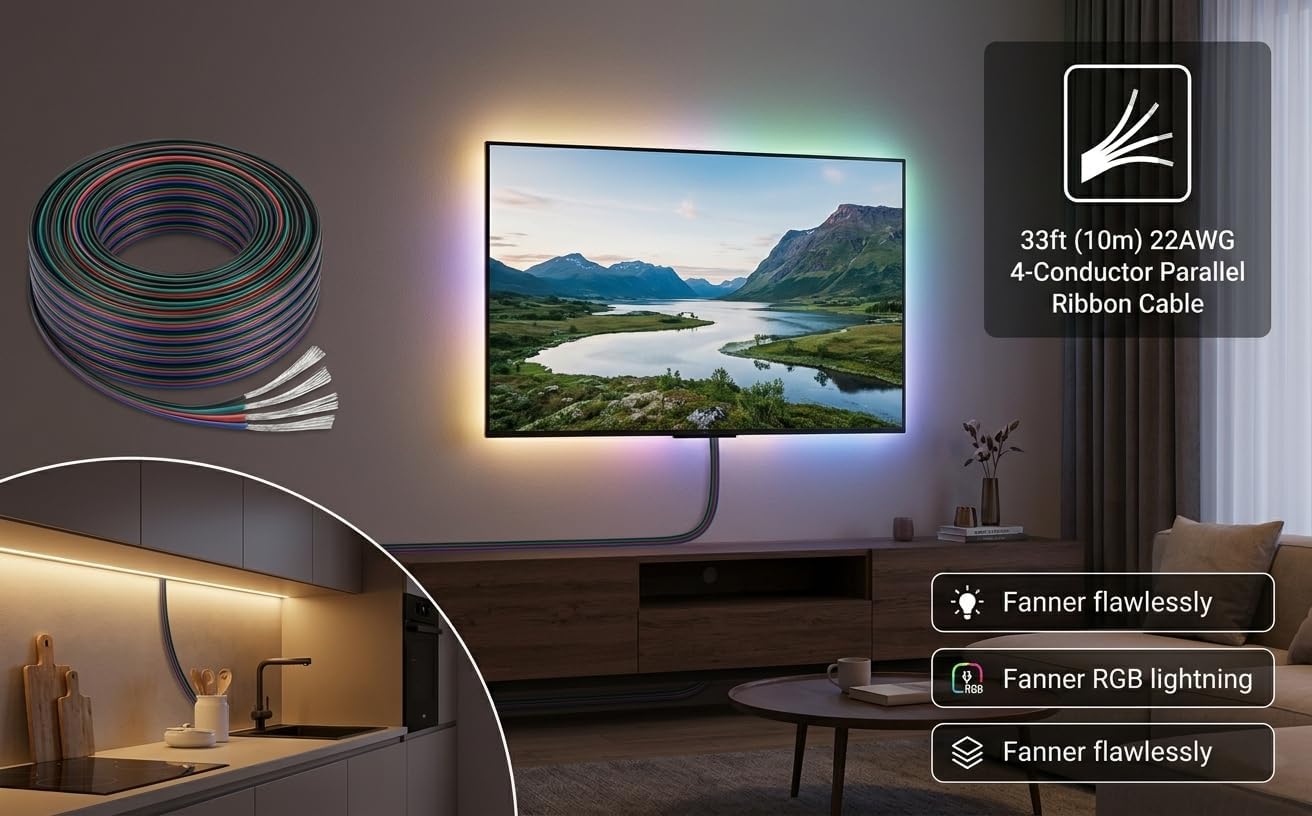 EvZ 22 AWG 4 Pin RGB Extension Cable Wire, 1936ft (590M) Continuous Length, 99.9% Tinned Copper Stranded Flat Ribbon Wire for 5050 3528 RGB LED Strips Lighting, High Conductivity, No Voltage Drop