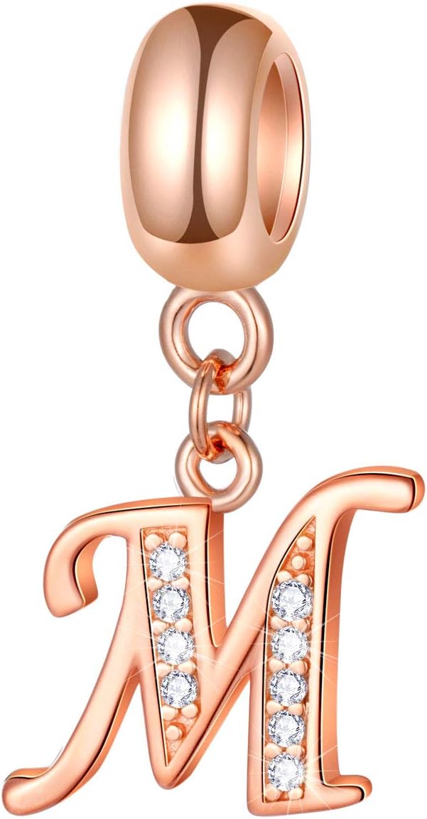 EMOSTAR Letter Charms Initial A-Z Alphabet Beads, Rose Gold 925 Sterling Silver Dangle CZ Birthstone Pendant, Mothers Day Birthday Gifts for Charm Bracelet