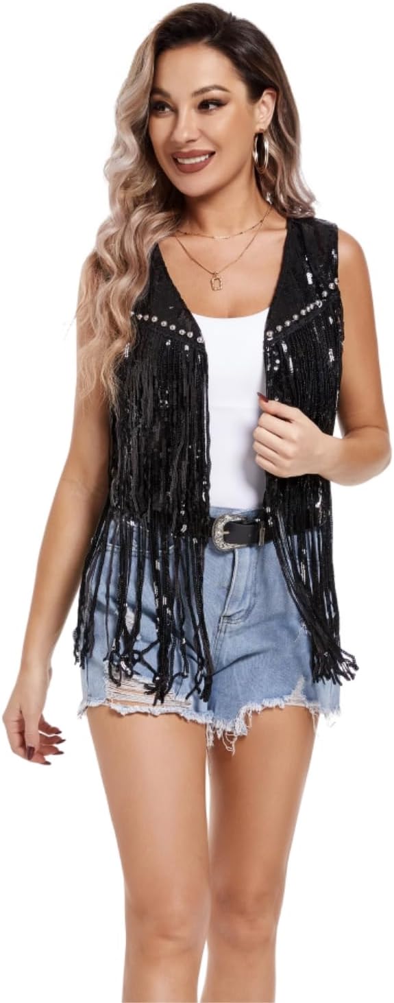 MISI CHAO Sequin Fringe Jackets Sparkly Tassel Vest Women 70s Hippie Rivet Sleeveless Open Front Western Cowgirl Coat