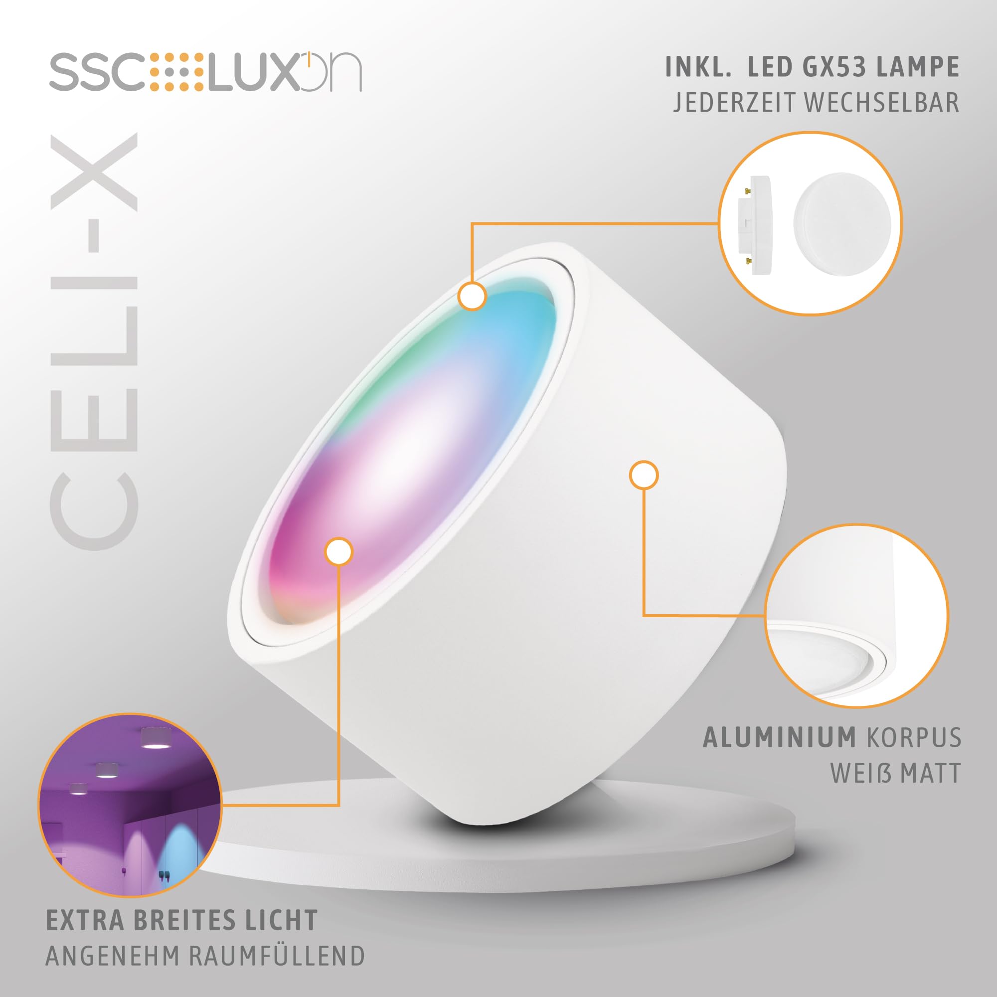 SSC-LUXon CELI-X Aufbaustrahler weiß flach mit LED Lampe kompatibel mit Alexa, Siri & Google - Spot mit Smart LED RGB+W GX53