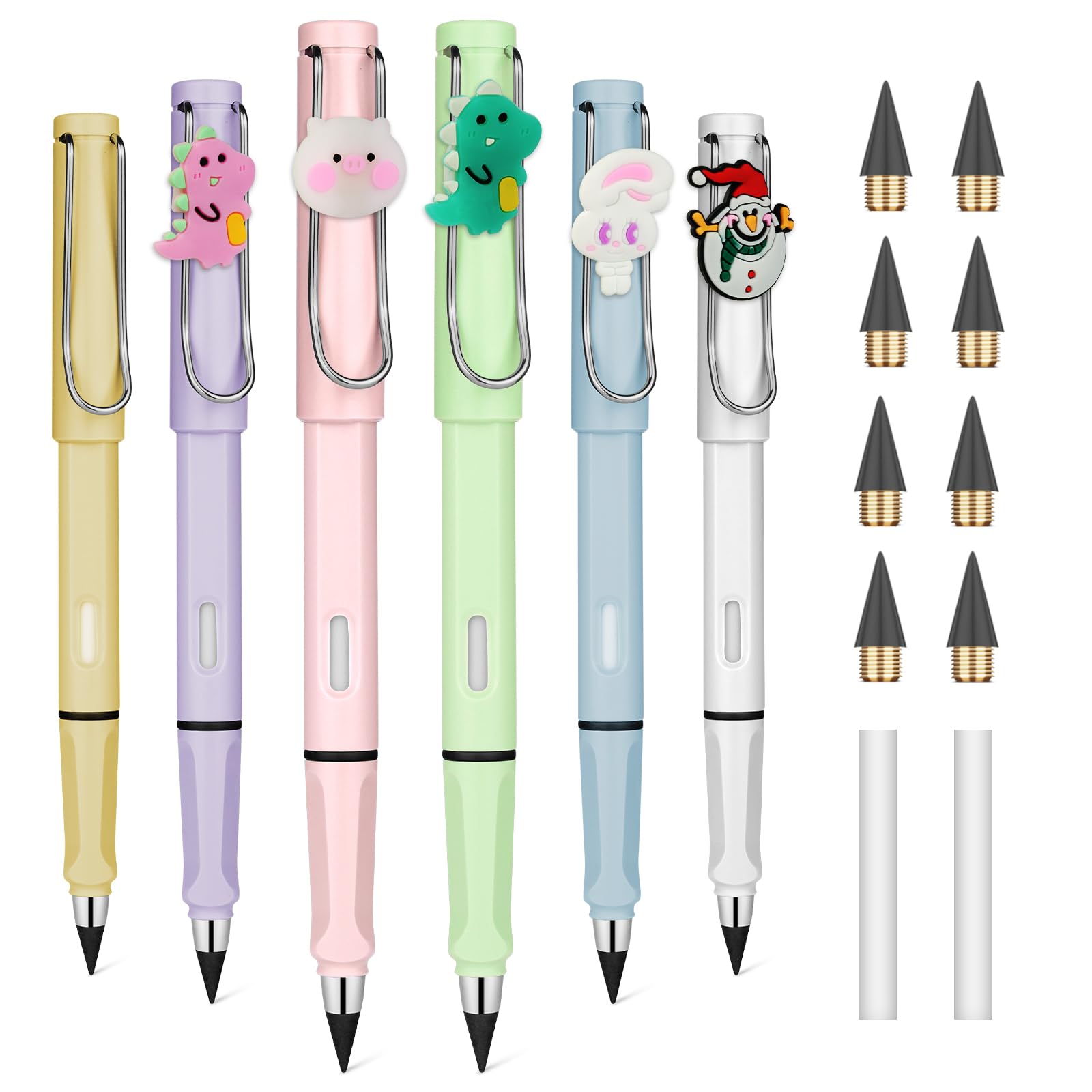 OFFCUP Inkless Pencils, 6pcs Everlasting Pencil with Eraser, Reusable with 6 Replaceable Nibs 6 Removable Cartoon Decorations for Home, Office &