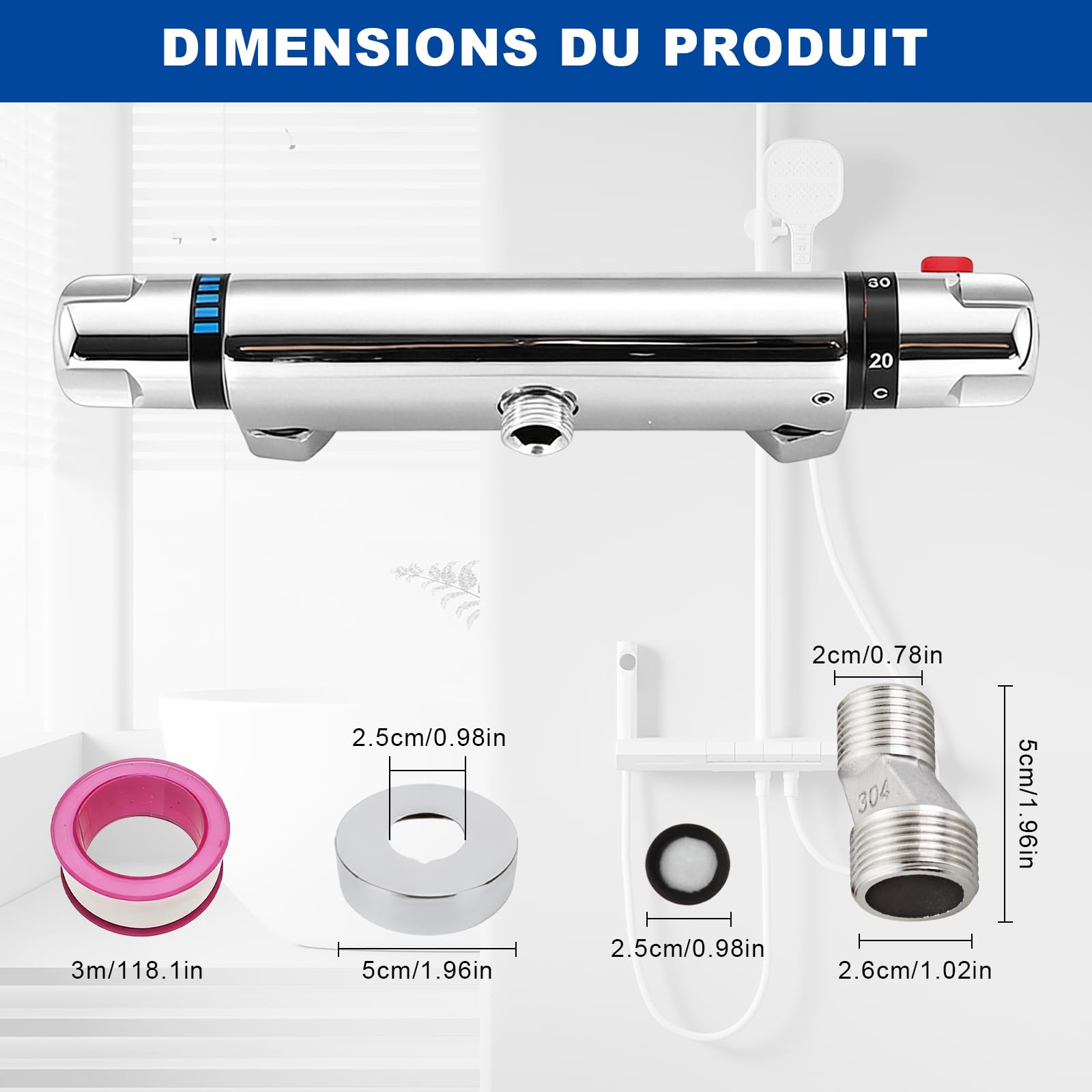 Mitigeur Douche Thermostatique, 135-160 mm Universel Robinet Douche Laiton Thermostatique avec Bouton Sécurisé à 38°C de Douche Chromé Mitigeur Thermostatique