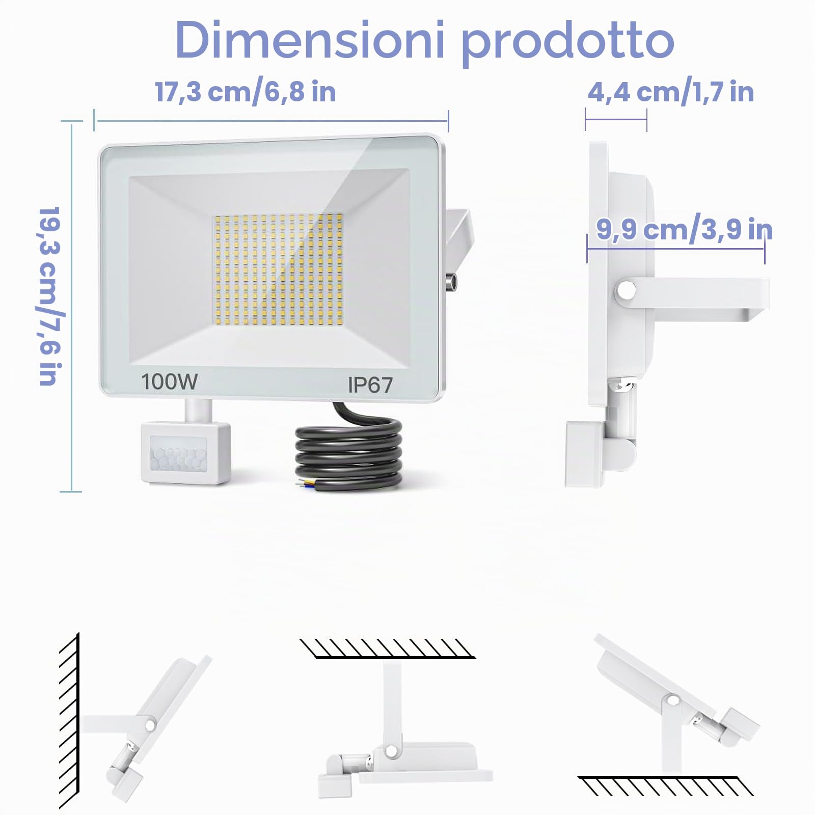 Faretto LED da Esterno con Sensore di Movimento 100W 10000 LM, 2 Pezzi Faro LED Esterno Bianco Fredda, IP67 Impermeabile Fari LED Proiettori per Giardino, Cortile, Garage | 2 Pezzi Faretto LED Esterno Con Sensore Bianco Freddo IP67 Impermeabile Illuminazi