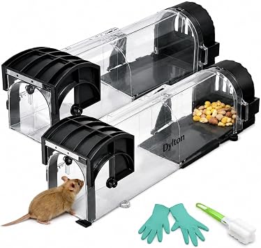 Humane Mouse Trap 2-Pack, 12" Extra-Long Live Catch Rodent Trap No-Kill Reusable Mouse Trap with Gloves & Brush, Safe for Kids & Pets, Indoor Outdoor