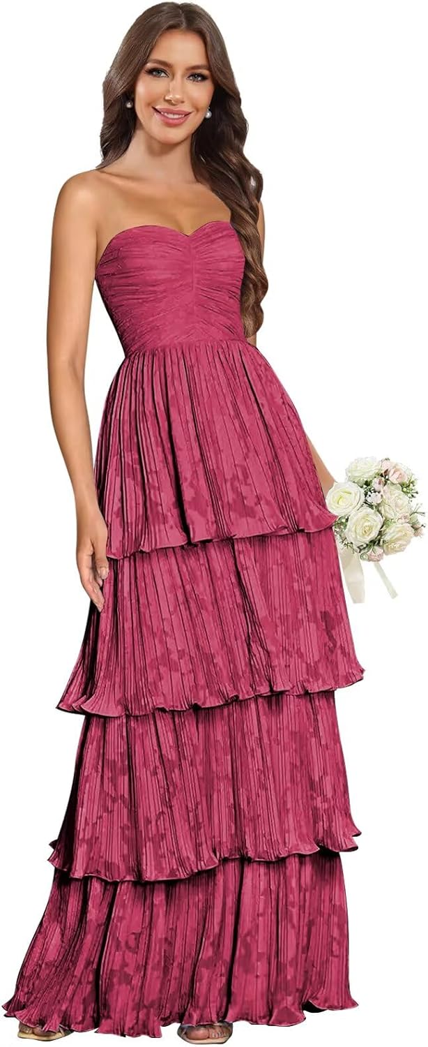 Strapless Floral Prom Dresses for Women 2026 Long Tiered Pleated Bridesmaid Dresses