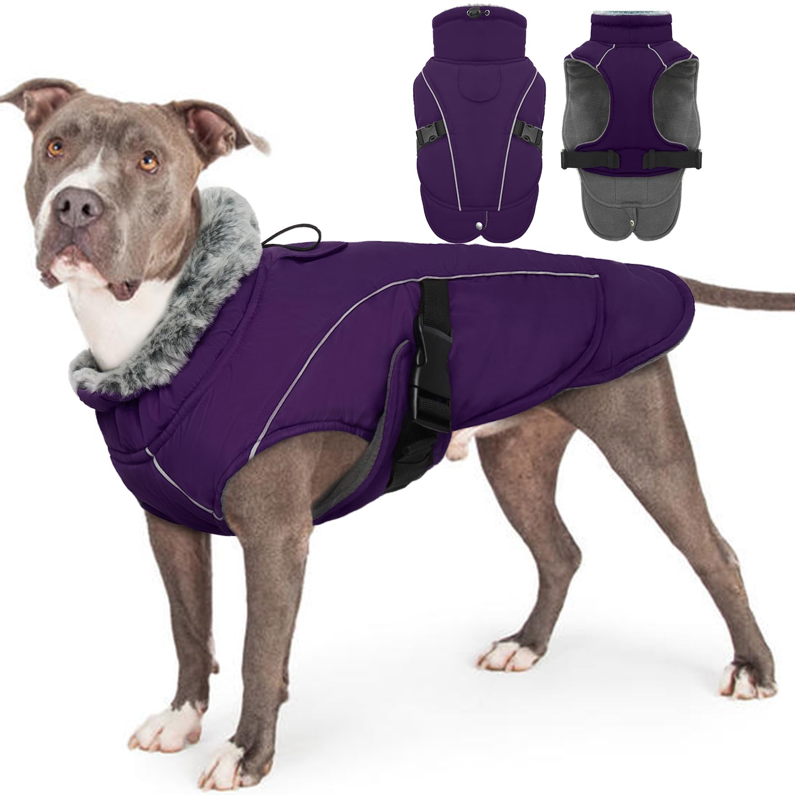 Manteau d'hiver pour chien imperméable violet 2XL avec col en fourrure