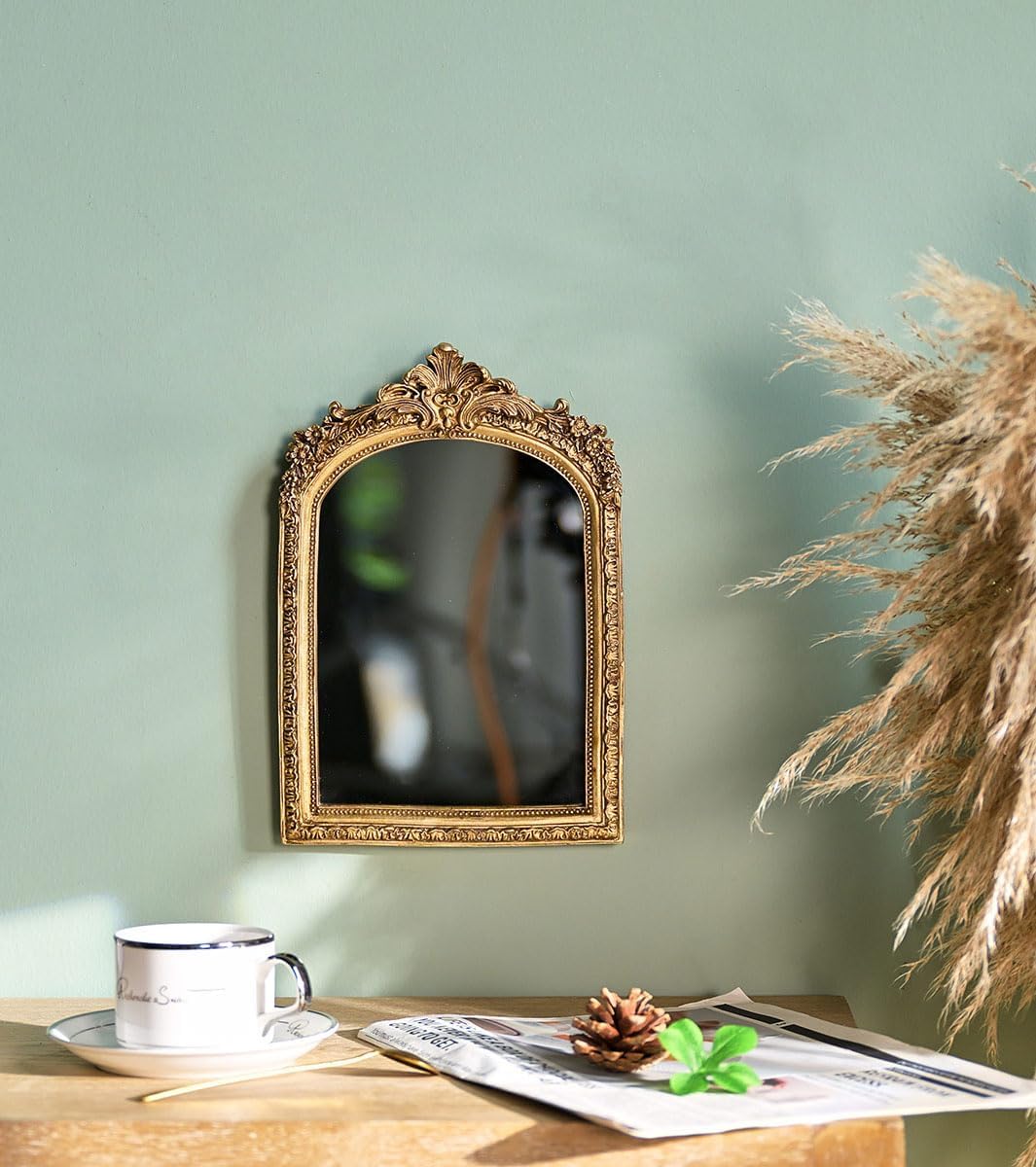 TenFuju 11” x 9.5” Small Gold Vintage Wall Mirror, Antique Gold Resin Baroque, Decorative Hanging & Tabletop