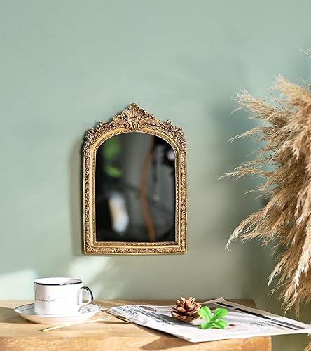 Miniatura 7 de Espejo de pared decorativo antiguo dorado pequeño para escritorio, espejo de mesa de arco tallado de resina con soporte para sala de estar,