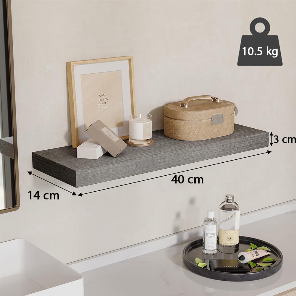 BAKAJI Set of 4 Solid Wood Wall Shelves, Multipurpose Wall Shelves with Metal Concealed Brackets, Shelving for Bedroom, Living Room, Kitchen, Bathroom, 40 x 14 x 3 cm (Grey)