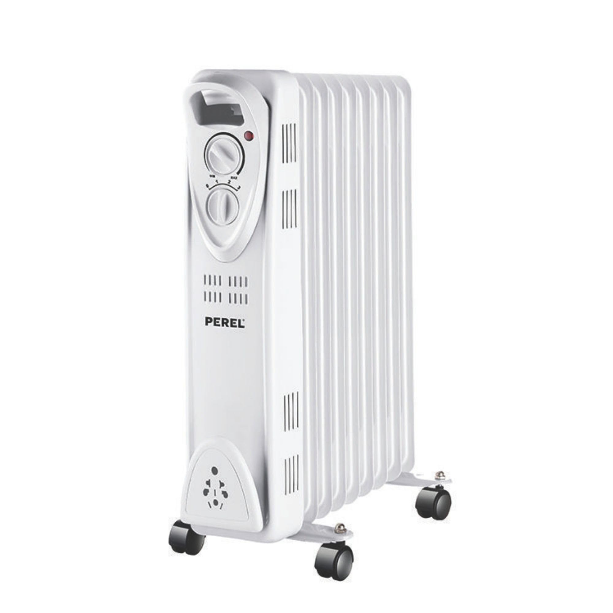 Perel Radiador de aceite de 2000W con 9 elementos, 3 niveles de calor, termostato ajustable, asa, ruedas, protección contra sobrecalentamiento y vuelco, calefactor portátil, silencioso y eficiente