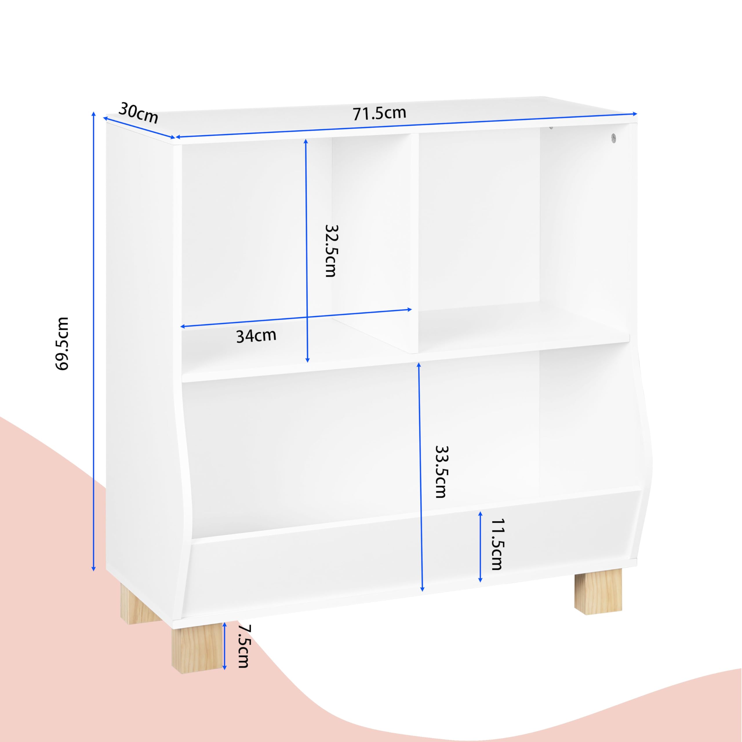 Lestarain Bücherregal Kinder, Regal weiß mit 3 Fächern, Montessori Kinderregal, Spielzeugregal mit Holzbeinen, Standregal für Bücher Spielzeug Kinderzimmer, 71,5x77x34,5 cm
