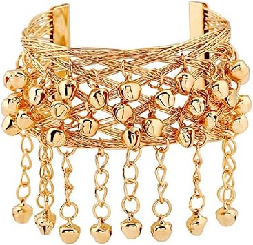 ZDIFDIC Belly Dance Armband with Bells Pendant Bangle Wide Bracelet Plated Silver/Gold Wide Grooved Cuff Bangle Upper Arm Cuffs Chunky Bracelet Wide Open Cuff Bracelets for Women GirlGold