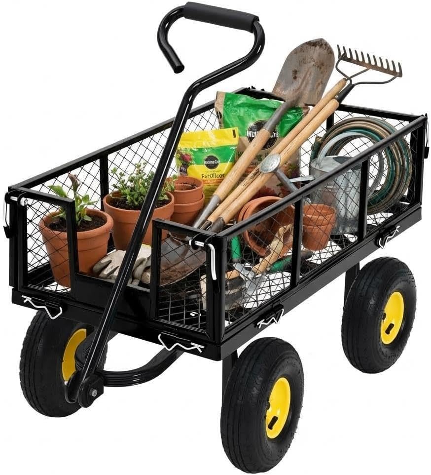 Steel Garden Cart, Metal Wagon with Removable Sides & 10" All-Terrain Tires, 550 LBS Capacity Utility Garden Cart Wagon for Yard, Garden, Farm, Landscaping, Black