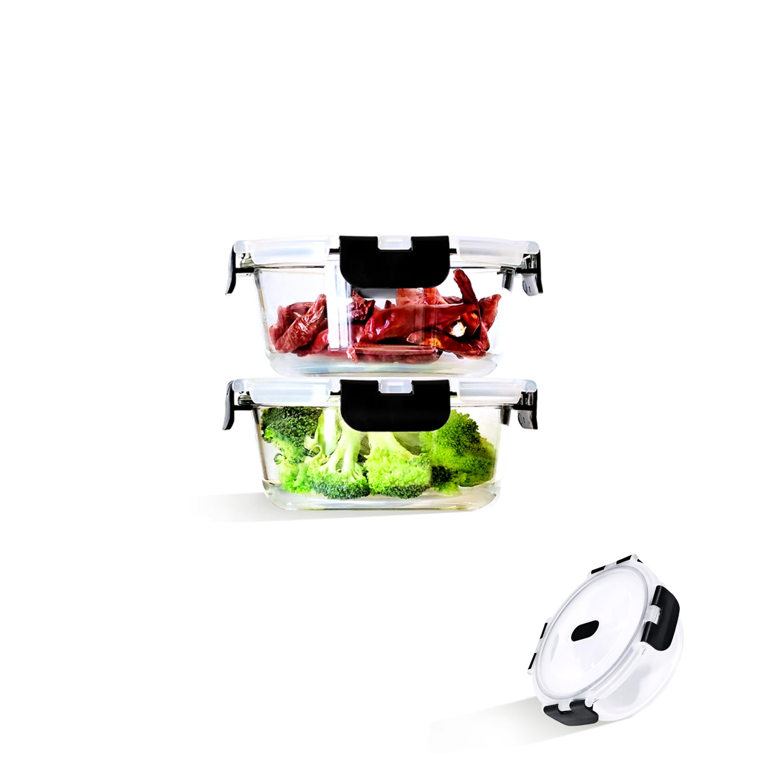 LNWSN Contenitori con coperchio, 620 ml, in vetro da 2 pezzi, con coperchio, contenitore in vetro a prova di perdite, contenitore per alimenti freschi, colore nero
