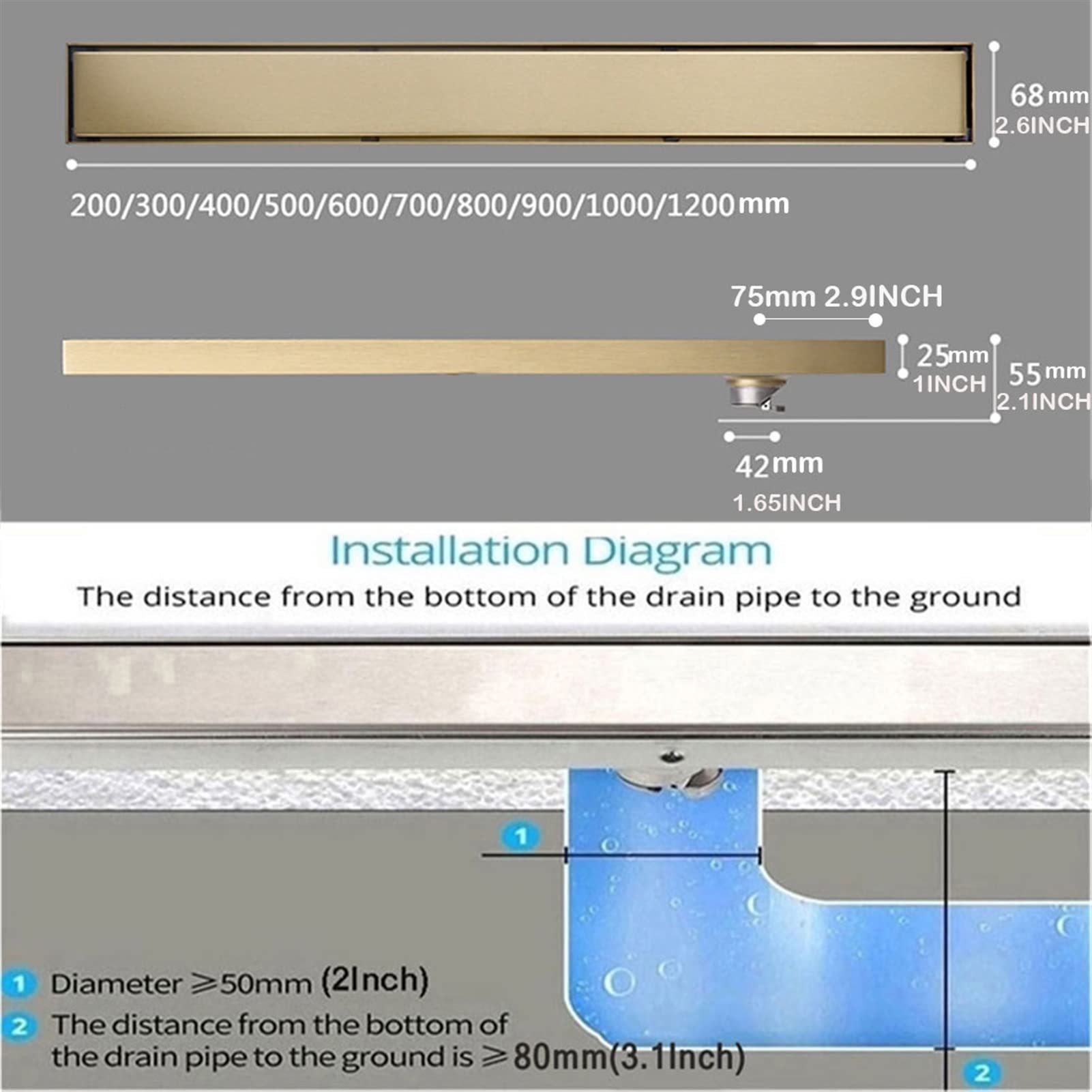 Desagüe Lineal de Ducha de Acero Inoxidable 304 con Acabado Dorado Cepillado, Forma Rectangular, con colador para Cabello y diseño Discreto para Azulejos, 60 cm (23,6''). Ideal para baños mo
