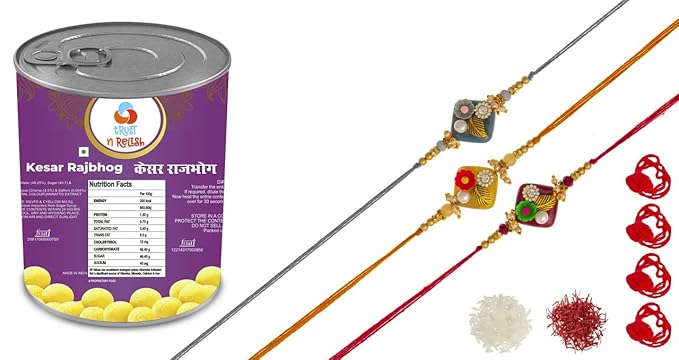 Trust n Relish by Feastive Celebrations Kesar Rajbhog (1000 gr) with a Set of 3 Contemporary Rakhis, Kesar (branded), pair of Soan, Pooja Rakhi, Chawal
