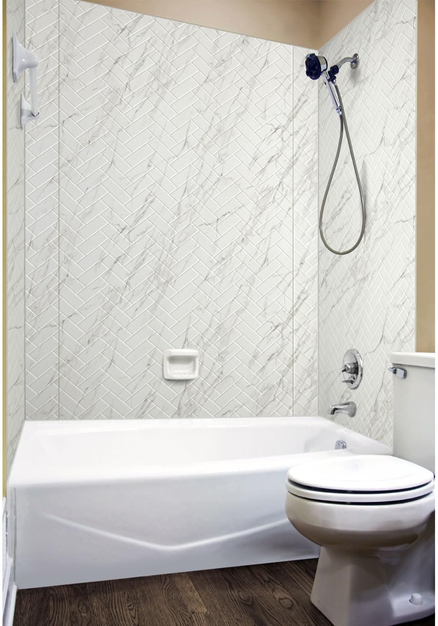 Marble Herringbone Tile PVC Tub and Shower Wall Panels