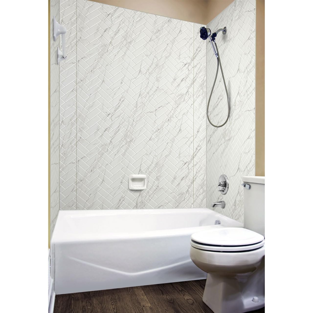 From Plain To Beautiful In Hours 133-640-HERR-KIT Herringbone Tile - Tub and Shower Wall Panels Surround (Covers/ 96 sq. ft.), Marble, 1 Piece