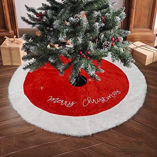 Ywlake Christmas Tree Skirt 48 Inch Large White Red Faux Fur Xmas Tree Skirt for Christmas Holiday Home Decorations (120cm)
