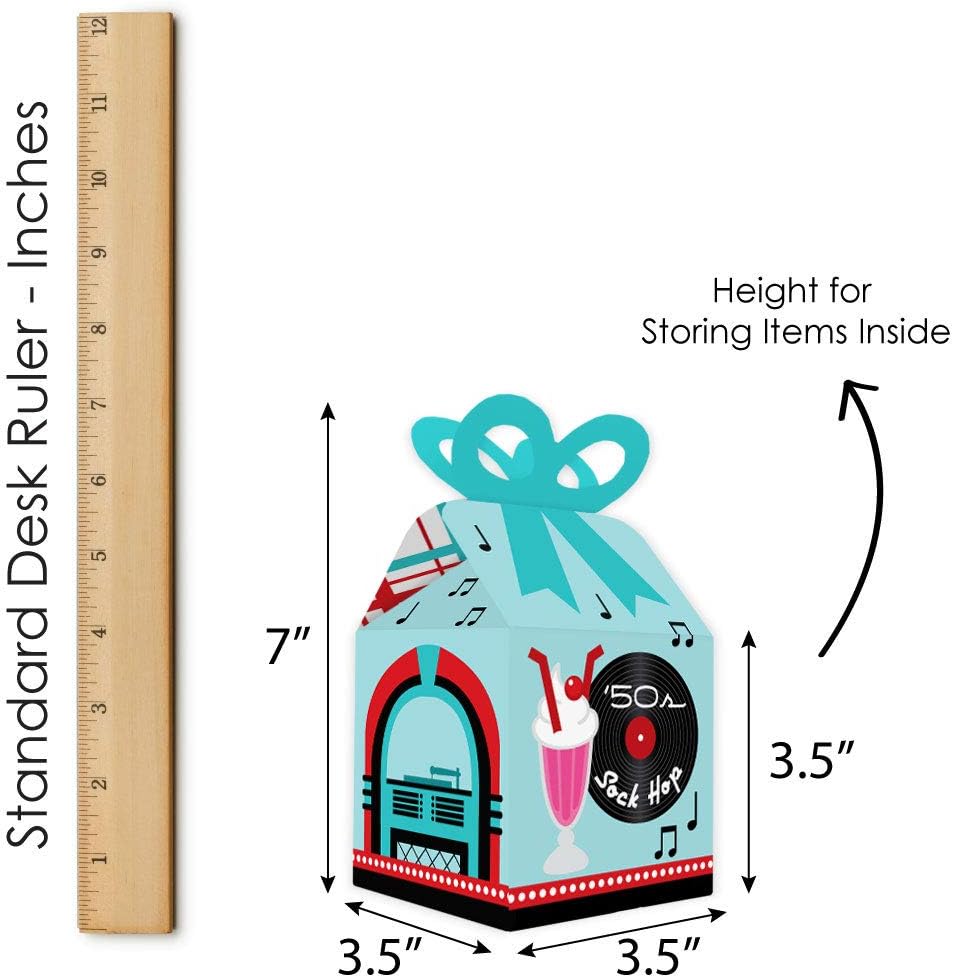 Big Dot of Happiness 50’s Sock Hop - Square Favor Gift Boxes - 1950s Rock N Roll Party Bow Boxes - Set of 12