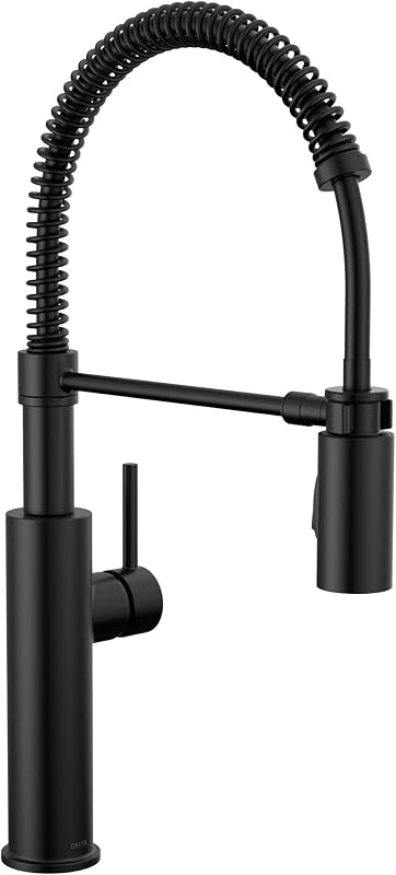 Delta Antoni Pro Style Grifo de cocina comercial con rociador desplegable, grifo de fregadero de cocina negro mate de un solo orificio, manija única, negro mate 18803-BL-DST