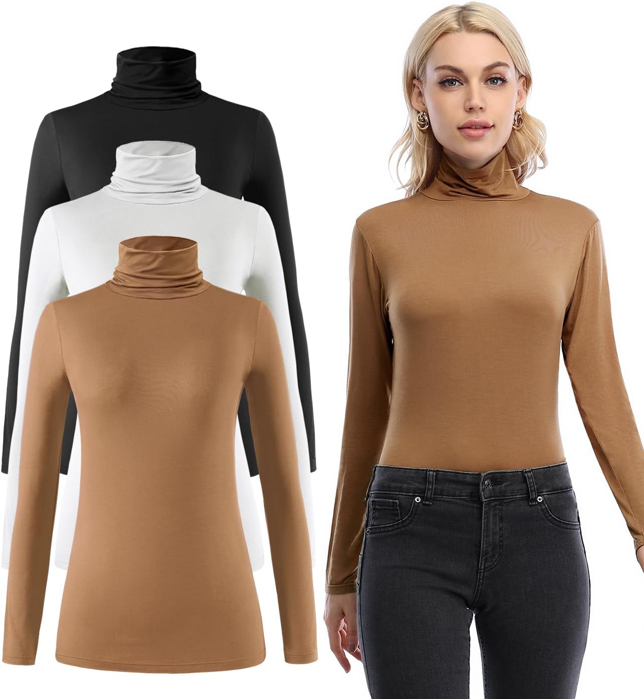 Femdouce Womens Turtleneck Long Sleeve Shirt Lightweight Slim Pullover Basic Undershirts Active Turtle Neck T-Shirts 2 Pack