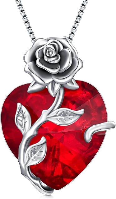 OCJ 925 Sterling Silver Rose Flower Pendant Necklace with Heart Crystal Birthstone Jewelry Birthday Christmas Valentines Mothers Day Gifts for Women Her Wife Girlsfriend