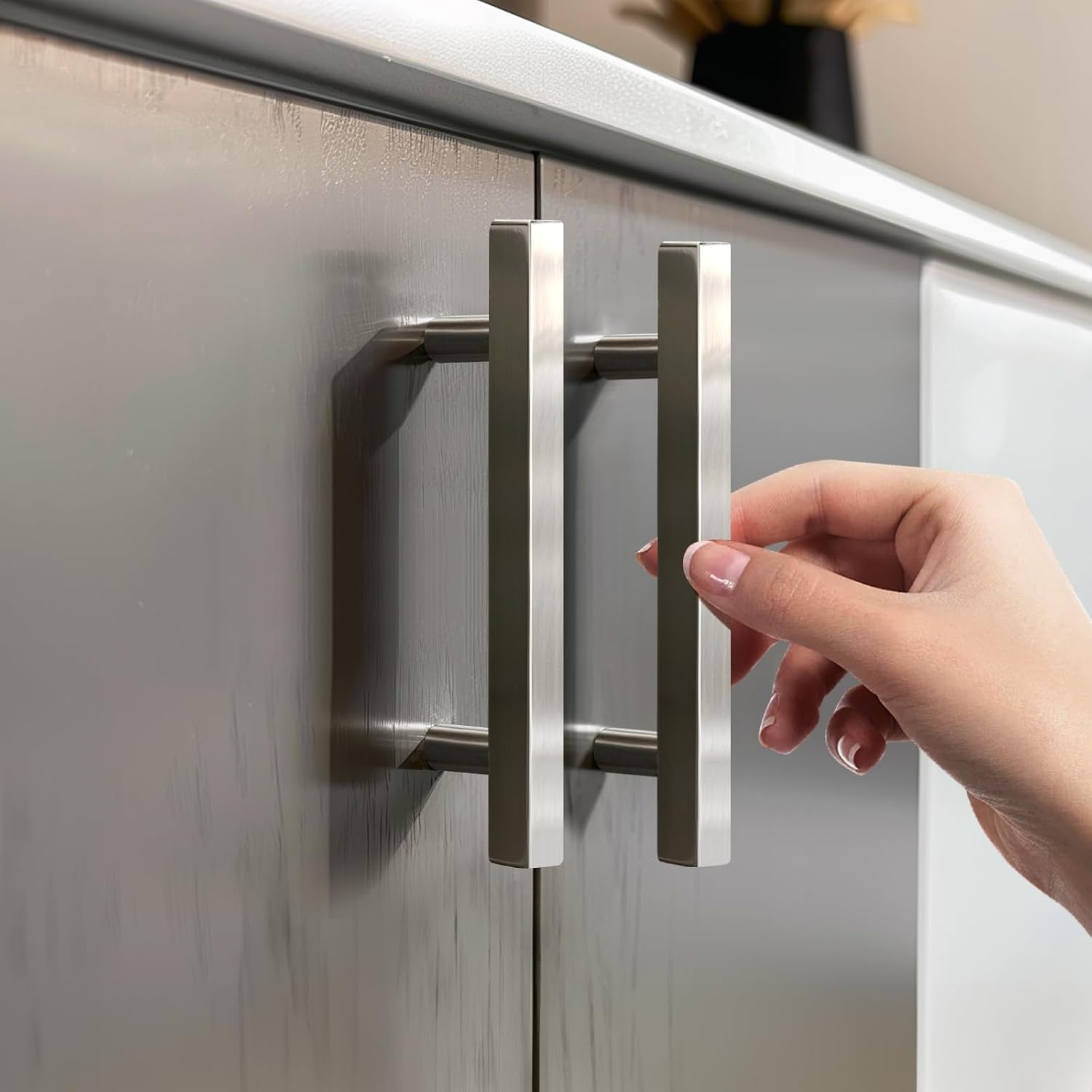 KNOBWELL Square Body Round Feet 60 Pack 90mm(3-1/2") Hole Center Square Kitchen Cabinet Handles Brushed Nickel Cabinet Pulls, Silver Drawer Pulls Dresser Pulls for Cupboard Closet Stainless Steel