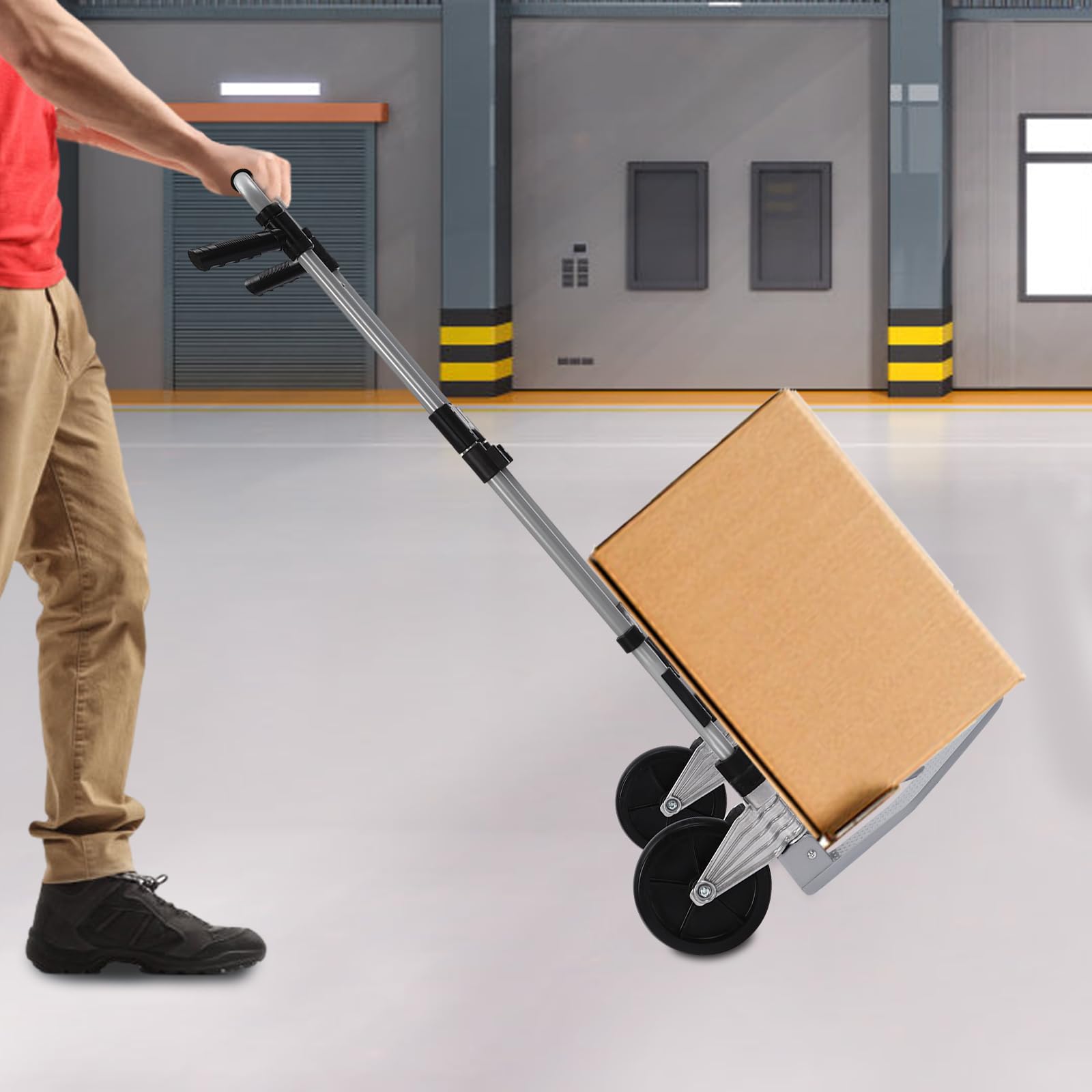 Carro de transporte 2 en 1, carretilla de mano y plataforma de aluminio, plegable, sistema de transporte, mango telescópico, incluye ruedas y cuerdas expansoras de hasta 120 kg