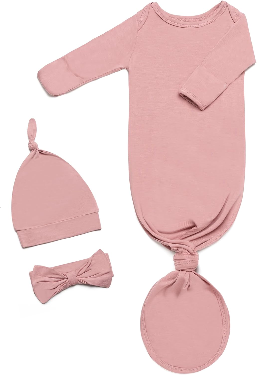 Newborn Baby Knotted Gown 0-3 Months, Baby Girl Boy Coming Home Outfit with Hat & Headband