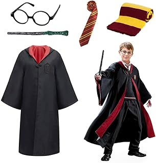PATPAT® Gryffindor Harry Potter Costume, Magic Robe Wizard Costume Magic School Uniform Halloween Costume with Magic Stick, Scarf, Tie & Glasses Harry Potter Accessories for Kids