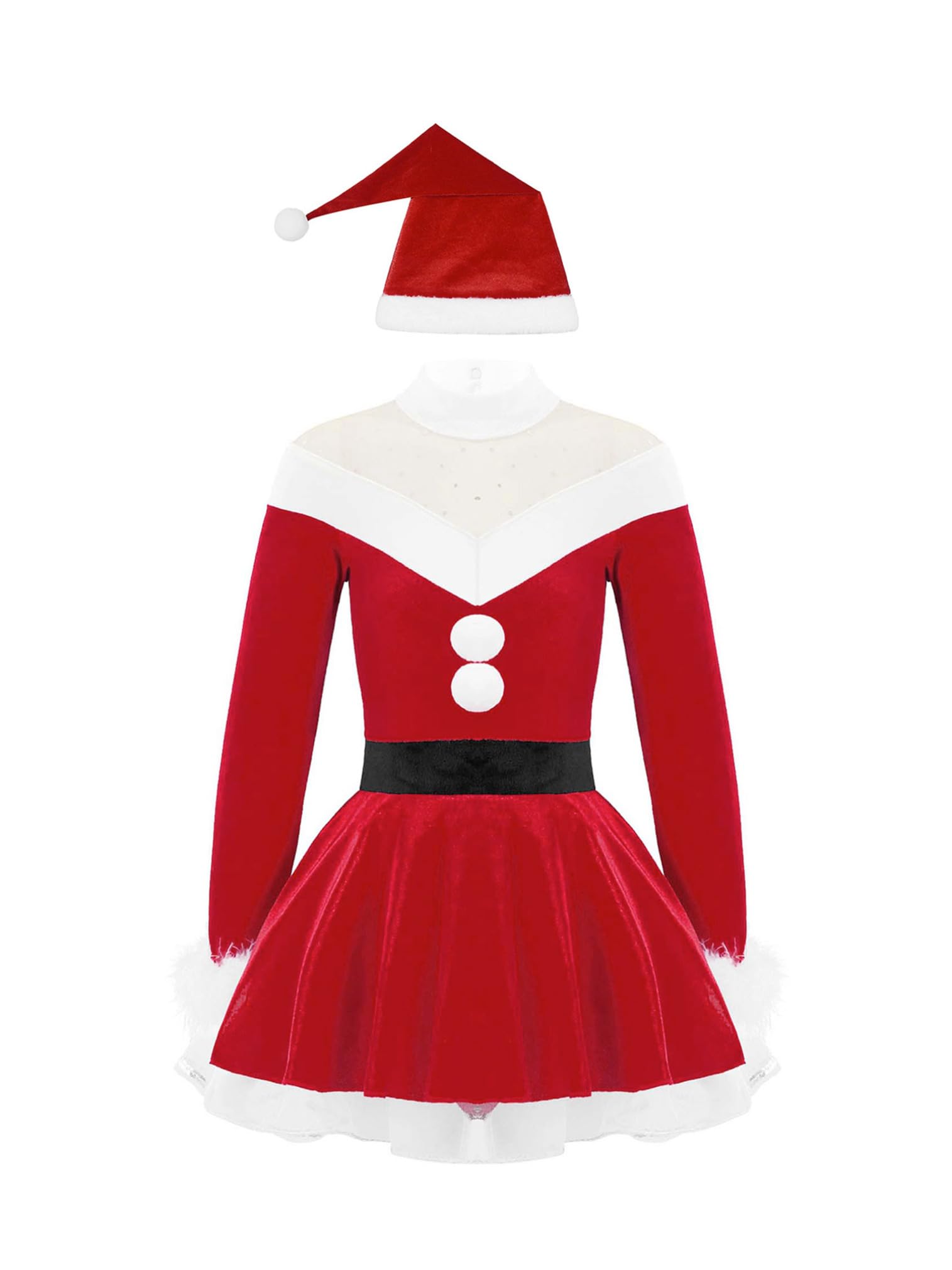 easyforever Kids Girls Velvet Christmas Mrs Santa Claus Princess Party Dress Figure Ice Skating Dress with Xmas Hat Red 12 Years