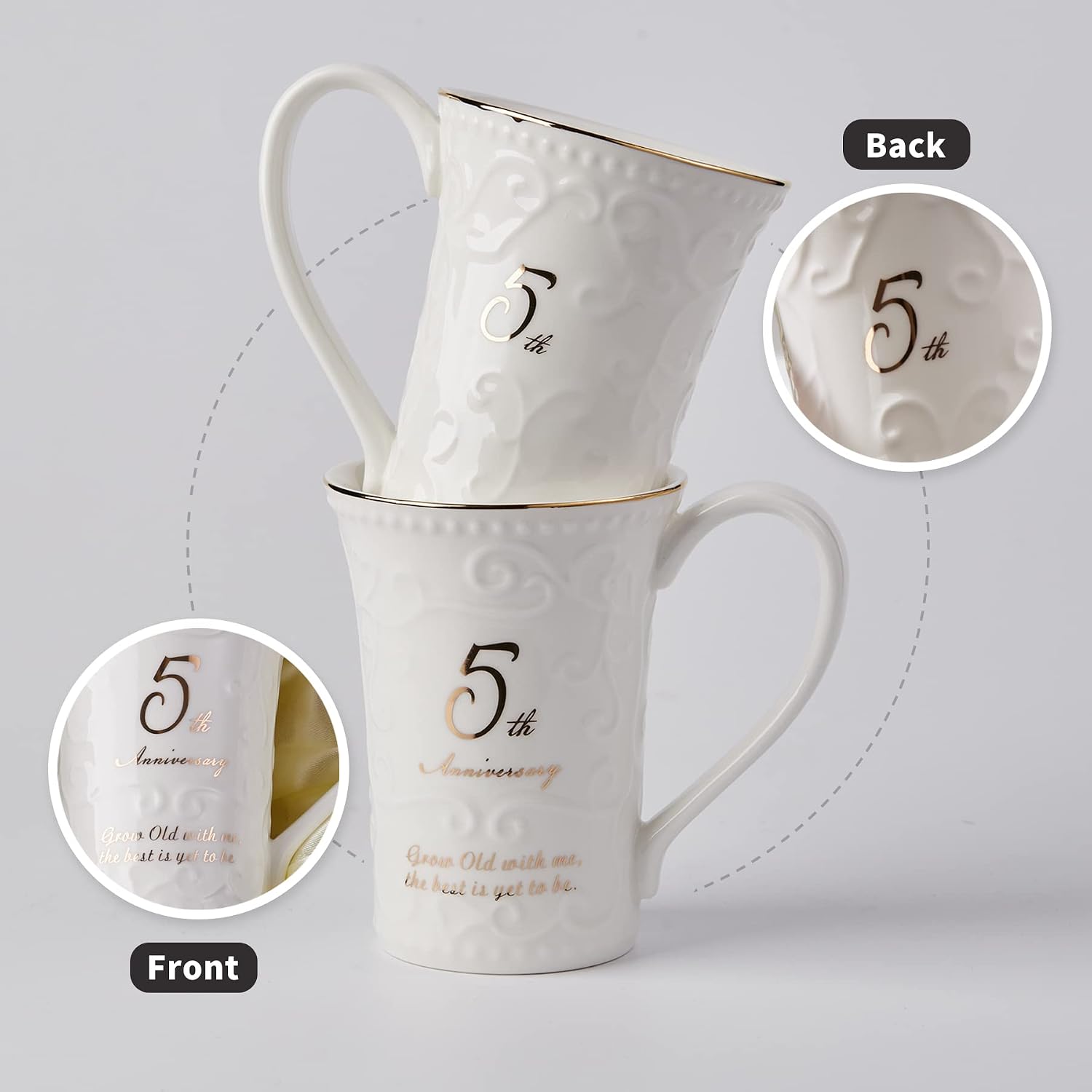 SIDUCAL Mother's Day Coffee Mugs Set of 2, 5th Happy Anniversary Cafe Mug Sets for Lover,Gold Coffee Mug for Husband and Wife,wih Gift Box
