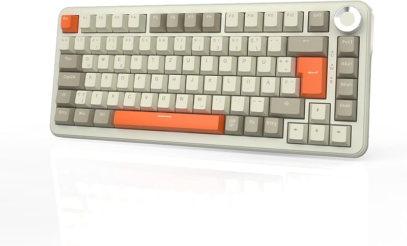 AJAZZ AK820 MAX Wireless Mechanical Keyboard, 75% Layout 82-Key Hot-Swap Gaming Keyboard, German QWERTZ Layout with Volume Control Knob, 2.4 GHz/Type-C/BT5.0, RGB Lighting Effects, Gray Beige Orange