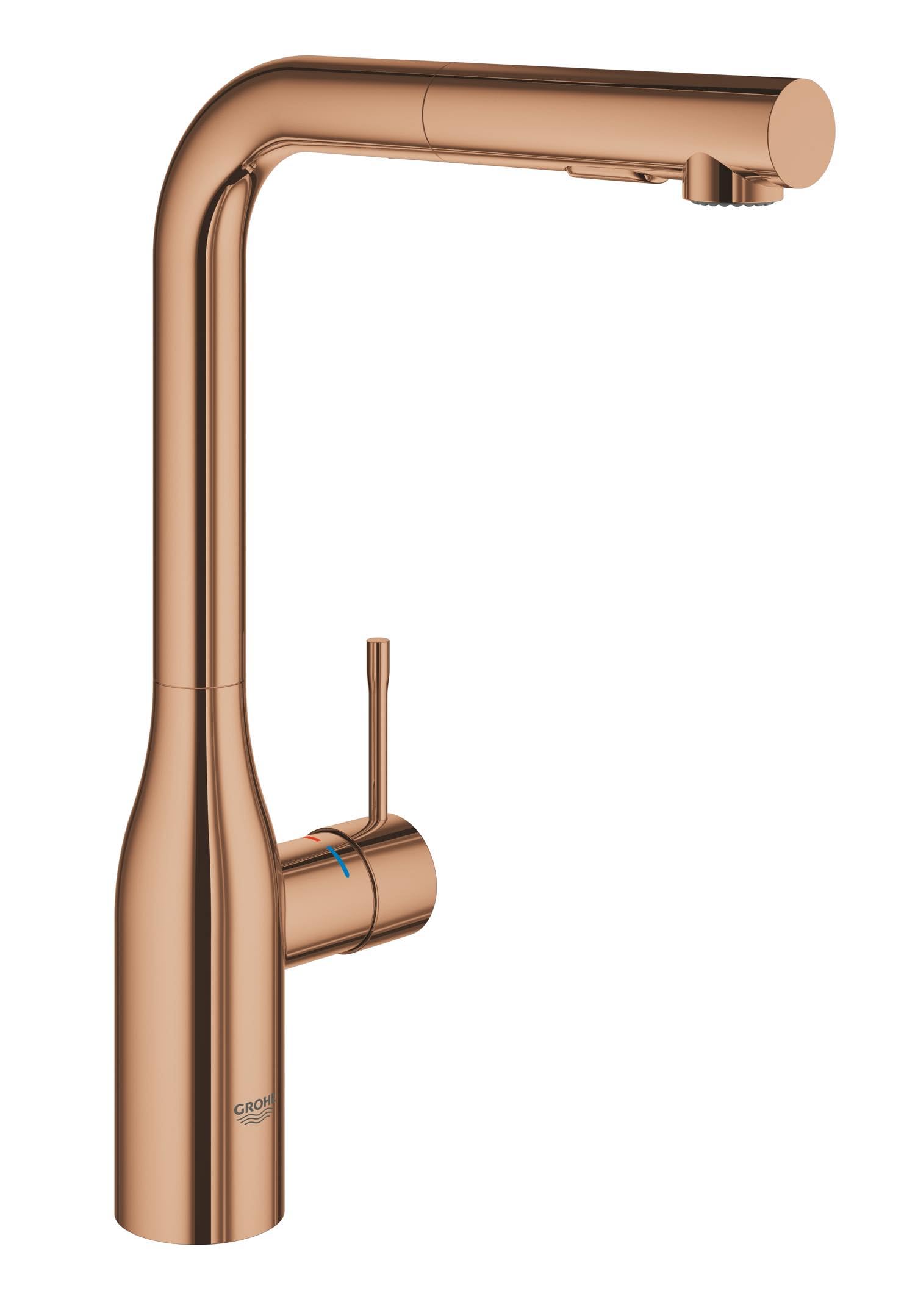 GROHE Essence Pull-Out Kitchen Tap (High L-Spout, Dual Spray Laminar and Jet, 360° Swivel Range, 28 mm Ceramic Cartridge, Protected Against Backflow, Tails 3/8 Inch), Rose Gold, 30270DA0