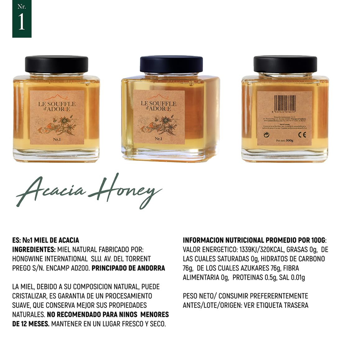 Le Souffle d'Adore Selección, Miel de Acacia 500g, Miel Pura Natural en Tarro de Cristal, Sin Azúcar Añadido, Sin Aditivos, Textura Líquida, Sabor Suave