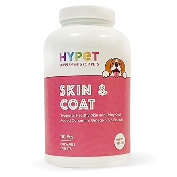 HYPET Dog Supplement Skin and Coat Chewable Tablets 110 Pieces Omega 3 6 9 EPA-DHA, Biotin, for Healthy Skin and Shiny Coat All Ages and Breeds, Added Curcumin Turmeric Extracts (480gm)