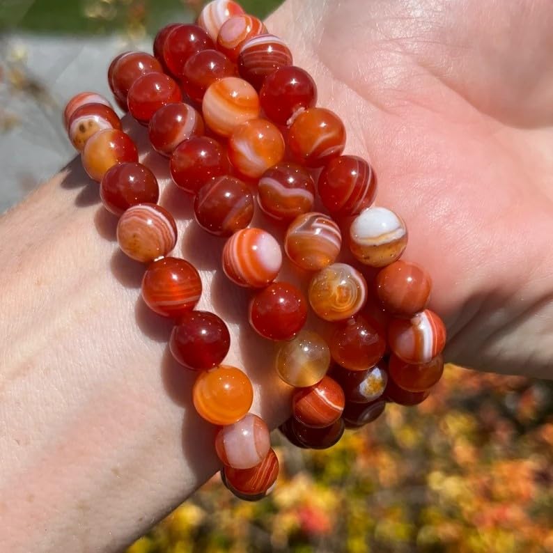 Miniatura 6 de SofiaCreations Handmade Red Banded Agate Crystal Beaded Bracelet, Natural Carnelian Gemstone Crystal 8mm Round Beads Stretchy Bracelet, Healing