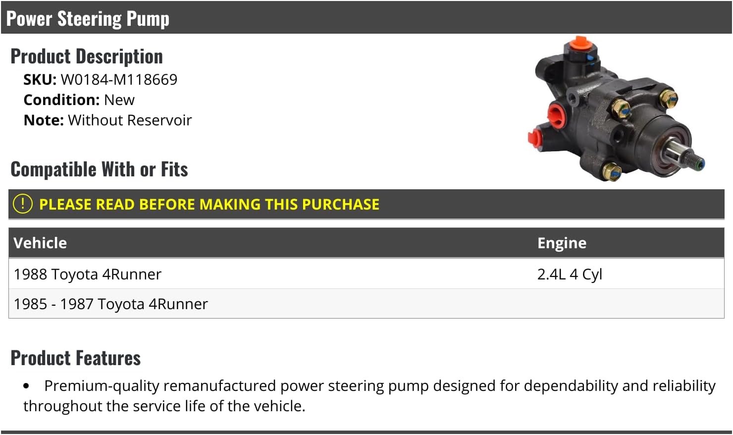 Power Steering Pump - without Reservoir - Compatible with 1985-1988 Toyota 4Runner 2.4L 4-Cylinder