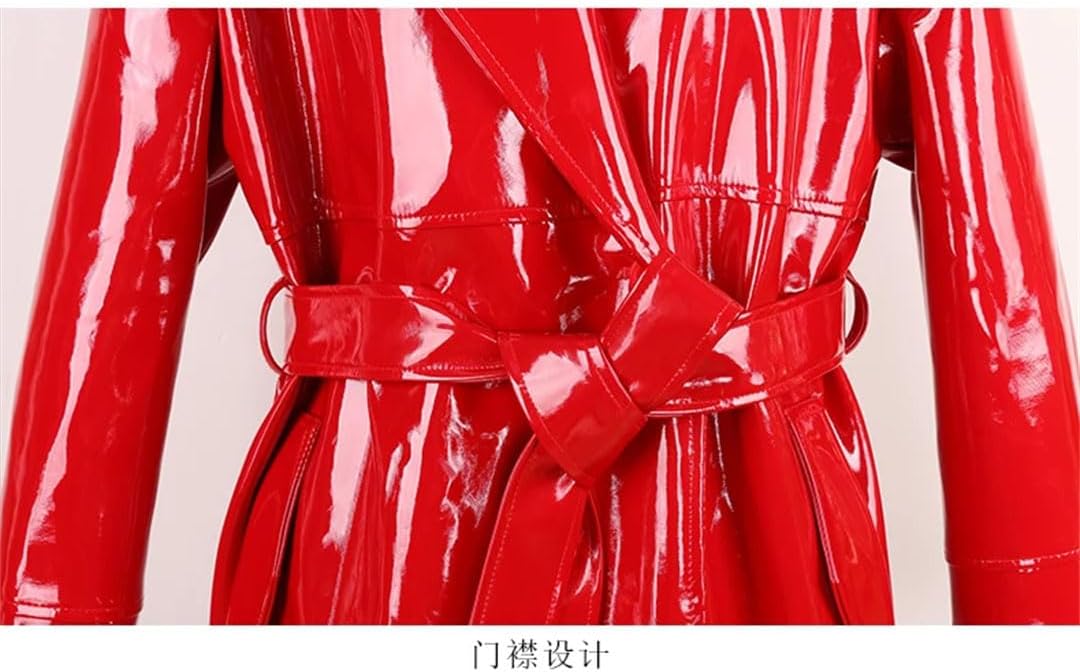 Women Spring Long Shiny Reflective Red Faux Patent Leather Trench Coat Loose Casual Coat