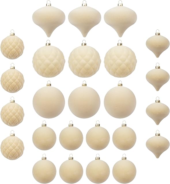 KI Store Velvet Christmas Baubles 25pcs Neutral Shatterproof Flocked Christmas Tree Ornaments 80mm 60mm Assorted for Xmas Tree Decorations