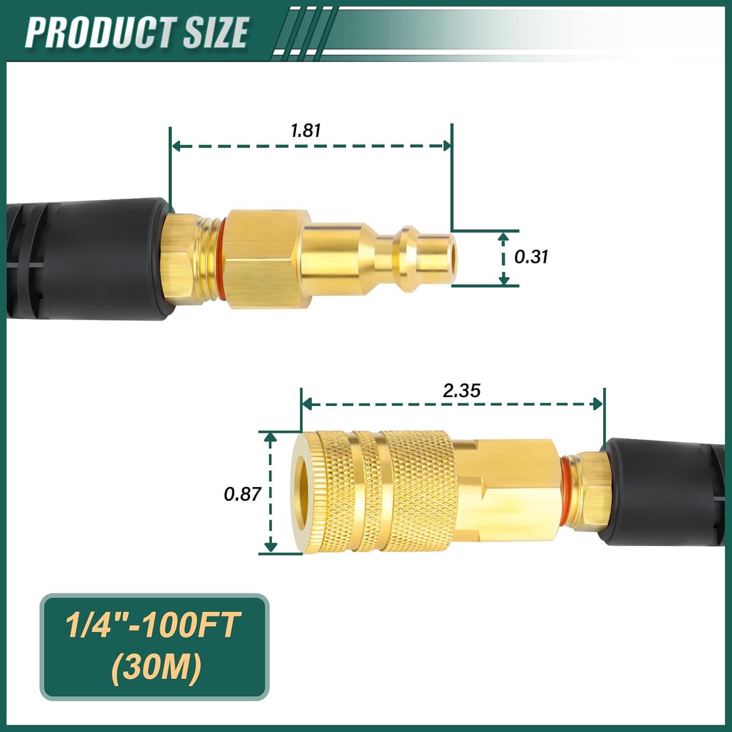 Polyurethane 1/4"x 100 ft Air Hose, PU Air Compressor Hose with Bend Restrictors and Brass 1/4" NPT Universal Quick Coupler, Plug I/M Maximum Working Pressure of up to 300 PSI (Blue)
