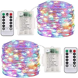 ooklee Fairy Lights Battery Operated, [2 Pack] 10M 100 LED Outdoor Waterproof String Lights, 8 Modes Remote Timmer Rainbow Twinkle Copper Wire Lighting for Home Gazebo Christmas Decor(Multi Colour)